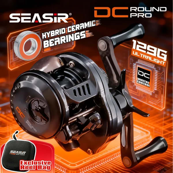 Carrete de Pesca SEASIR DC Round Pro Baitcasting, Control Digital, Rodamientos Híbridos de Cerámica, Ultraligero 128g, Totalmente de Carbono con Bolsa Gratis