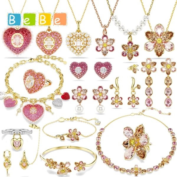 Conjunto de Joyería Fina de Alta Calidad, Tendencia 2026, para Aniversario, con Colgante de Flor en Forma de Corazón Rosa, Cristal, Lujoso, Collar y Aretes para Mujer