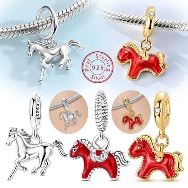 Dijes originales de Plata de Ley 925, abalorios de caballo blanco de Pony dorado, colgante para pulsera, joyería fina DIY para mujer, niña y hombre