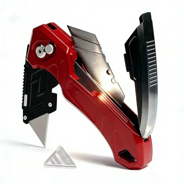 Cortador de caja de cuchillos de utilidad plegable, cuchillas de 3 posiciones, diseño de almacenamiento de cuchillas con caja de 3 hojas adicionales, cuchillo para cajas de herramientas manuales