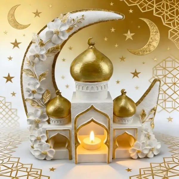 Portavelas Decorativo con Diseño de Mezquita y Luna para el Eid Mubarak, Adorno de Resina para el Festival del Ramadán, Decoración del Hogar, Regalo para Celebraciones Musulmanas