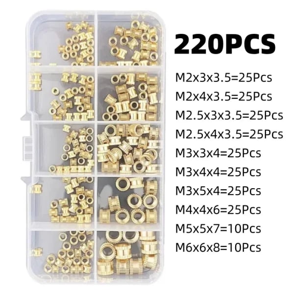 220 tuercas de inserción de latón M2 M2.5 M3 M4 M5 M6 insertos roscados moleteados para piezas de resina plástica y impresión 3D