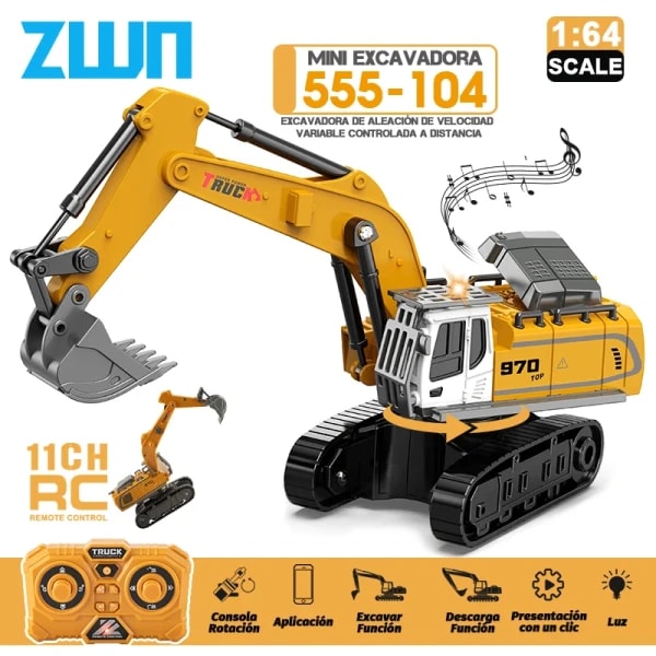 ZWN 1:64 Coche de Juguete a Control Remoto, Mini Excavadora de Aleación, Vehículo de Construcción de Simulación Profesional, el Mejor Regalo para Niños