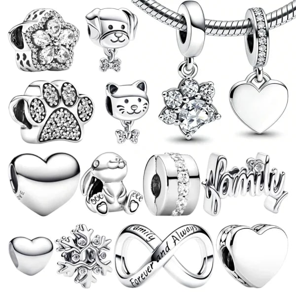 Regalos de joyería DIY: Cuentas de dijes mini brillantes con huella de pata de mascota, copo de nieve, clip de cadena de seguridad y corazón de conejo, compatibles con pulseras de cadena originales.