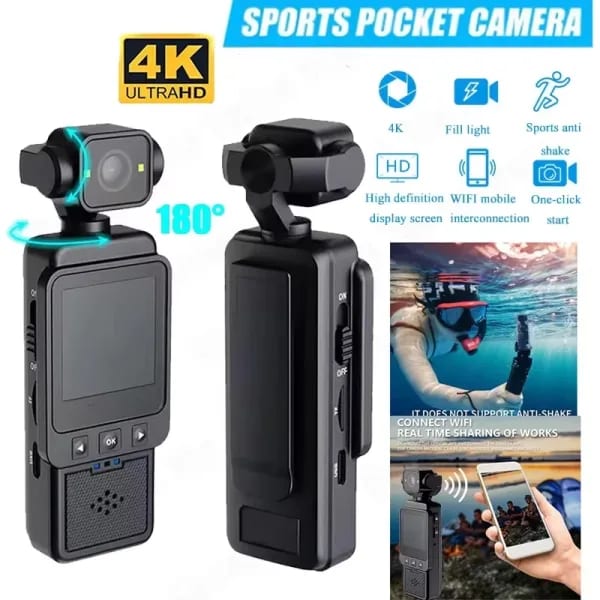 Pantalla de cámara deportiva de bolsillo portátil 4K HD 180 °   Grabadora de vídeo inalámbrica WiFi giratoria Cámara de movimiento con luz de relleno incorporada