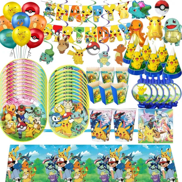 Decoración de Fiesta de Pokémon, Tema Feliz Pikachu, Vajilla, Vasos, Platos, Globos, Pancarta, Suministros, Recuerdos para Niños, Baby Shower