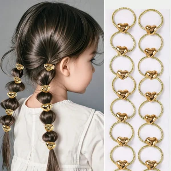 Juego de 10 Uds de anillos para el cabello con forma de corazón dorado, accesorios para el cabello trenzados brillantes para niñas, lindas bandas metálicas para el cabello con decoración de corazón