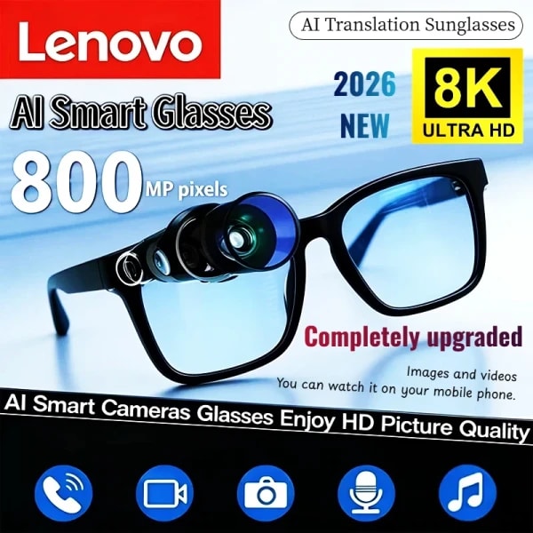Gafas Inteligentes Lenovo 2026 APP 8K con Bluetooth, IA, Cámara HD de 1200MP, Asistente de Voz Chat GPT, Reproductor de Música, Traducción de Llamadas