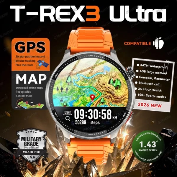 Nuevo Reloj Inteligente Deportivo T-Rex3 Ultra con 4 GB de Memoria, GPS, Mapa Sin Conexión, Pantalla AMOLED de 1.43 Pulgadas, Carga Rápida de 3 ATM, Llamadas, Reloj Inteligente de Fitness