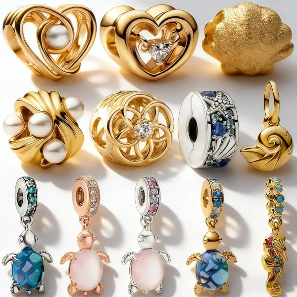 Nuevo Charm de Corazón Marino Brillante Dorado DIY de Múltiples Series, Abalorios y Clips para Colgantes, Compatible con Pulseras Originales de Hueso de Serpiente, Joyería de Adorno, Regalo