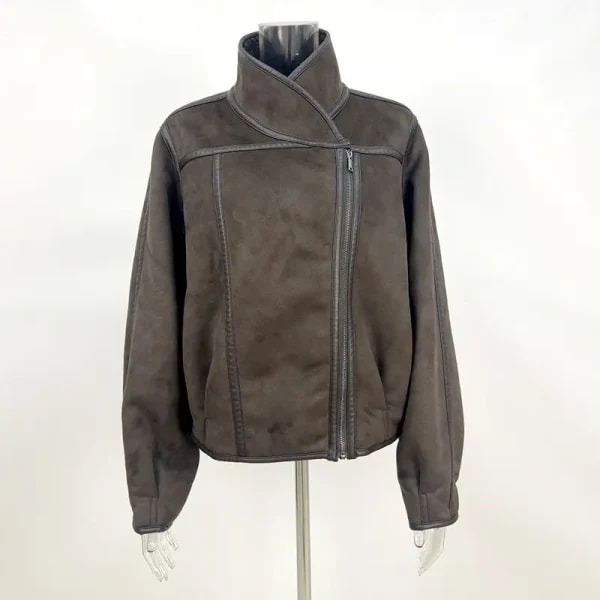 Chaqueta de ante cálida para mujer, abrigo Vintage de manga larga con cremallera, prendas de vestir de doble cara, tops para mujer 2026