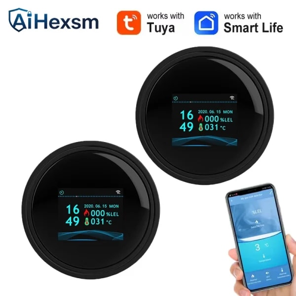 Tuya Wifi fugas con función de temperatura detectores de Gas Combustible soporte hogar vida inteligente Sensor de alarma de Gas Natural pantalla LCD