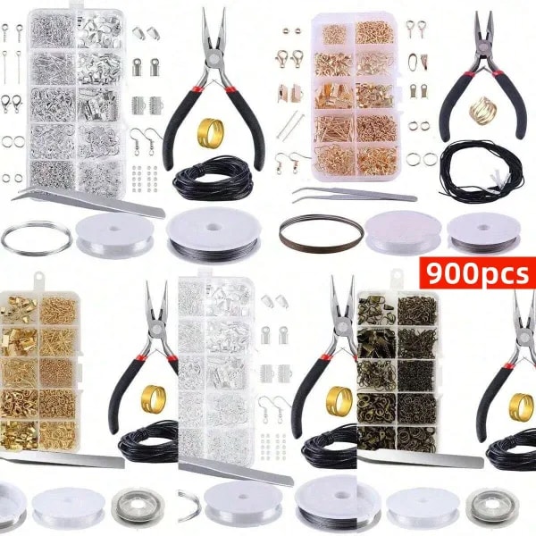 900 Uds., 5 colores, Kit de inicio para hacer joyas, pendientes, collares, hallazgos, alicates de cuentas DIY, conjunto de herramientas de reparación de joyería, joyería