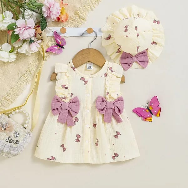Vestido de niña de 2 uds., vestido con borde de volantes y cuello redondo con estampado de lazo + conjunto de sombrero adecuado para dar hasta 0-9 meses, vestido para niña recién nacida