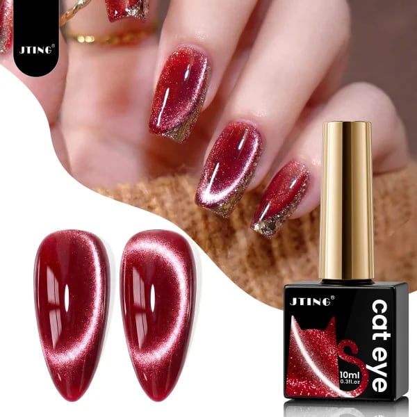 1 Pieza de 10 ml de Polvo de Uñas Efecto Ojo de Gato Cromado, Esmalte de Gel UV, Barniz Rojo Brillante, Esmalte de Uñas Magnético para Gel, para Uso en Casa