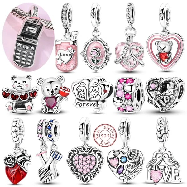 Dijes originales para el Día de San Valentín, colgante de cuentas de plata 925, corazón, amor, oso rosa, dijes aptos para pulsera, brazalete para mujer, regalo de joyería DIY