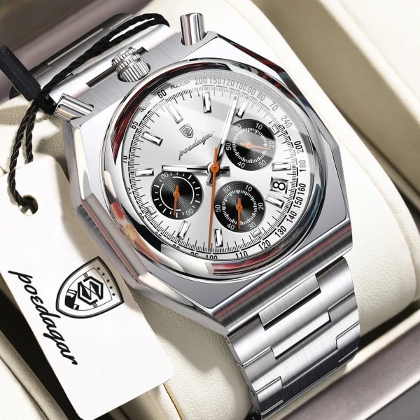 Reloj de pulsera funcional POEDAGAR para hombre, luminoso, impermeable, de acero inoxidable, clásico, con fecha, cronógrafo, reloj de cuarzo para hombre