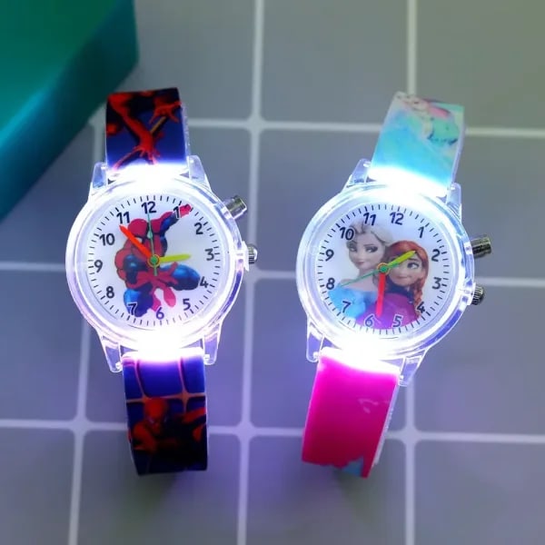 Relojes de princesa de Disney para niños, correa de silicona para niñas, reloj de pulsera luminoso con dibujos animados de Spider Man, reloj infantil