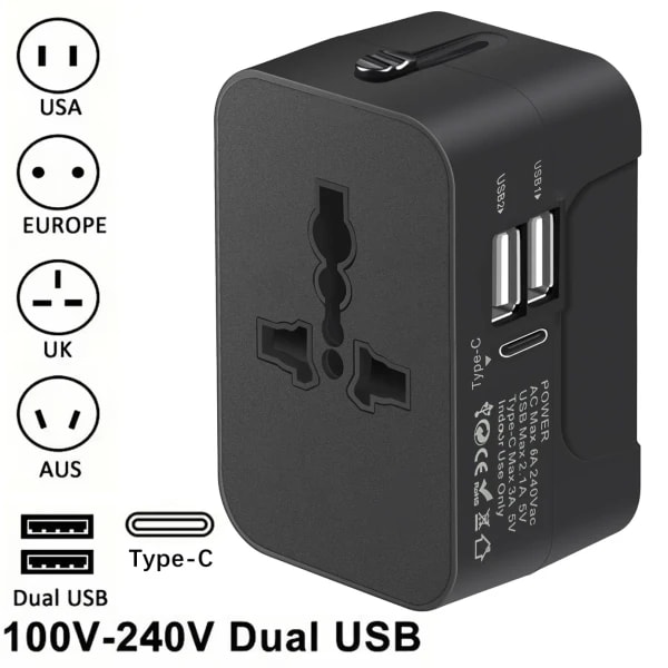 Adaptador de viaje Universal con 2 puertos USB o tipo C adaptador de cargador de energía adaptador de enchufe para UE Reino Unido EE. UU. AU