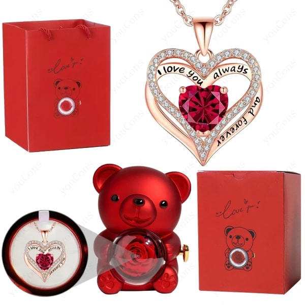 Collares con colgante de corazón rojo con caja de regalo de rosa de oso bonito para mujer, joyería para el día de la madre, Navidad, San Valentín, boda y cumpleaños, 2026