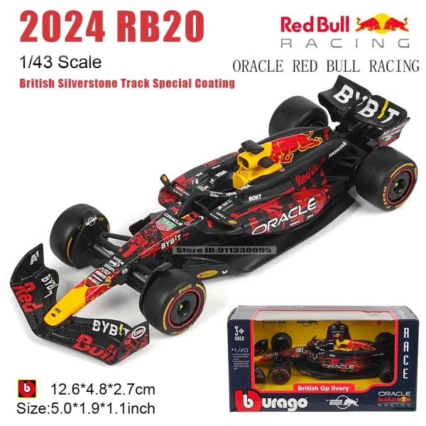 Bburago 1:43 2024 F1 Red Bull RB20 Pista de Silverstone Británica, Modelo de Coche de Aleación con Recubrimiento Especial, Juguete Coleccionable de Metal Fundido a Presión