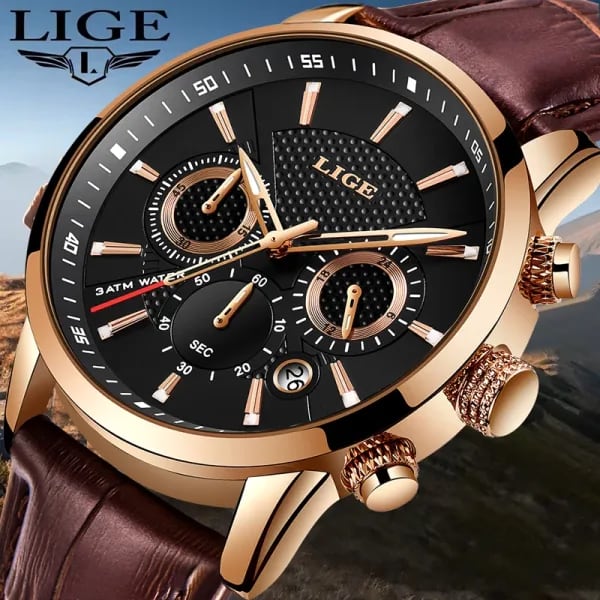 Reloj LIGE de cuero marrón a la moda para hombre, relojes deportivos informales de negocios para hombre, relojes impermeables, reloj cronógrafo de cuarzo luminoso para hombre