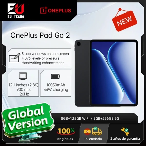 Versión global OnePlus Pad GO 2 8+128 GB WiFi, 8+256 5G, pantalla de 12,1 pulgadas y 2,8k, 10 050 mAh 33 W, OxygenOS 16, Wi-Fi 6, Bluetooth 5.4