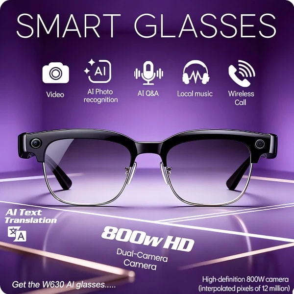 Gafas inteligentes 8K HD AI para hombre, lentes inteligentes con Chat GPT, cámara de 800MP, llamada Bluetooth, traducción AI, Control de asistente de voz, Unisex, novedad de 2026