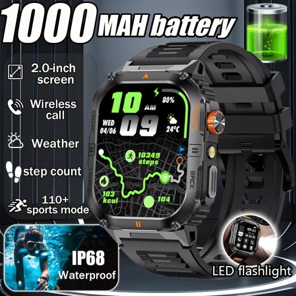 Nuevo reloj inteligente militar para exteriores de 1000mAh para hombres, linterna LED, resistente al agua IP68, deportes GPS, reloj inteligente con llamadas Bluetooth de 2,01 pulgadas