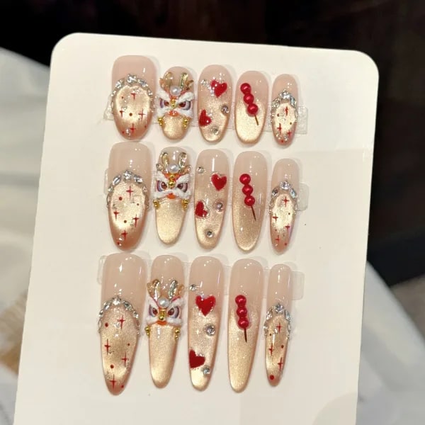 10 Uds. De uñas postizas hechas a mano con diseño de dragón, purpurina dorada, estilo chino, palitos de caramelo 3D, decoración de Año Nuevo