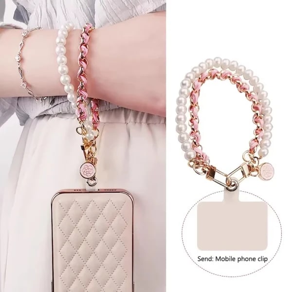 Cordón para teléfono móvil de cuero con perlas de Camelia, abalorio para teléfono móvil, pulsera corta, cordón antipérdida tejido hecho a mano, flujo pequeño