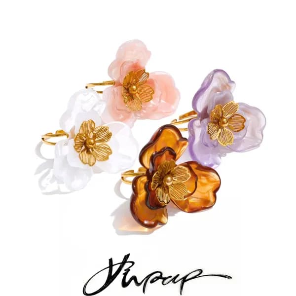 Yhpup-Anillo de dedo ajustable con flor de resina de acero inoxidable, estilo novedoso, a prueba de óxido, joyería exquisita de Color púrpura, blanco, ámbar y rosa