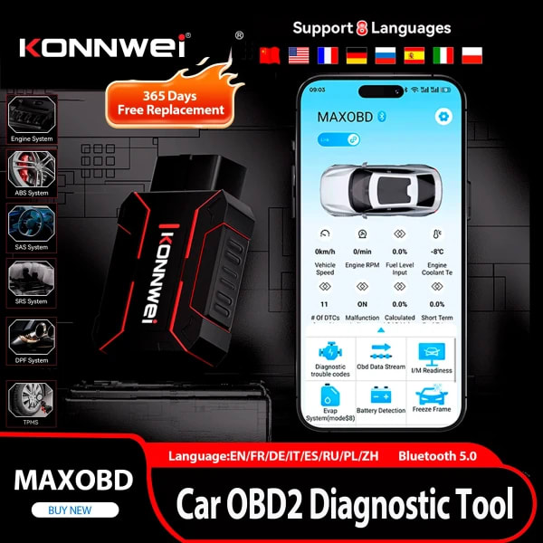 Herramienta de Diagnóstico de Fallas OBDII para Automóviles KONNWEI MAXOBD 2026, Escaneo Profundo de Sistemas Completos SAS, SRS, ABS, Conexión Bluetooth, Herramienta de Escaneo OBD2