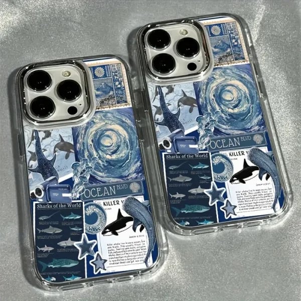 Una funda para teléfono con marco galvanizado transparente con rompecabezas de ballena marina, adecuada para iPhone 17/16 Pro Max/15/14 Plus/13/12/11, absorción de impactos, antideslizante, liviana, diseño elegante y moderno, unisex.