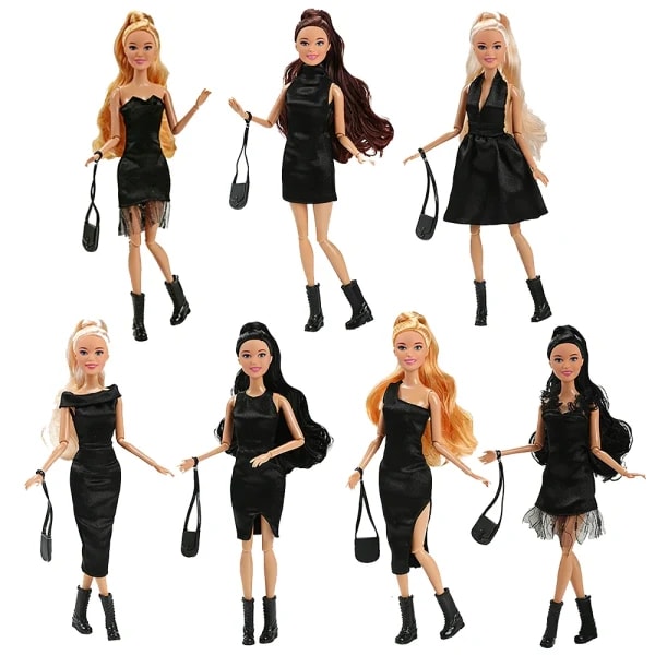 7 Uds. De vestidos negros hechos a mano para muñecas de 11,5 pulgadas/30cm, vestido largo elegante, accesorios para muñecas, juego de casa, juguetes de juego DIY