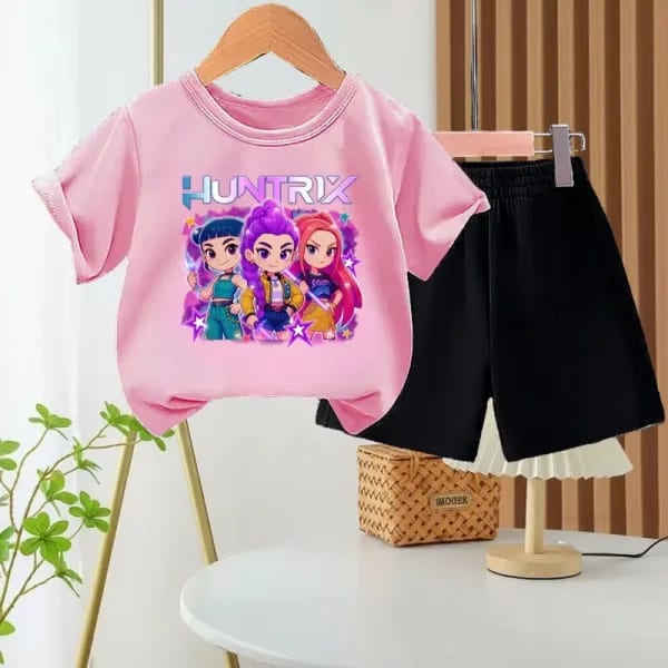 Conjuntos Casuales de Verano para Niños, Camiseta y Pantalones Cortos con Estampado de Dibujos Animados K POP para Niñas, Conjunto de Dos Piezas, Tops de Manga Corta con Cuello Redondo para Niños