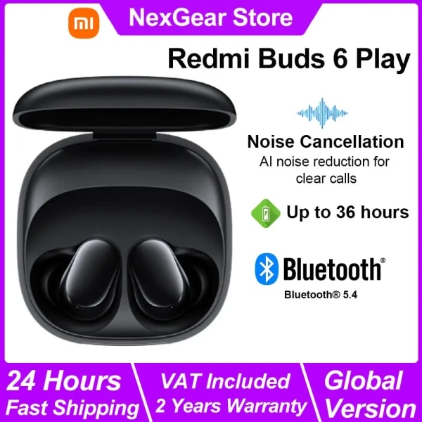 Auriculares inalámbricos Bluetooth Xiaomi Redmi Buds 6 Play, auriculares inalámbricos con control táctil BT5.4, reducción de ruido AI, larga duración.