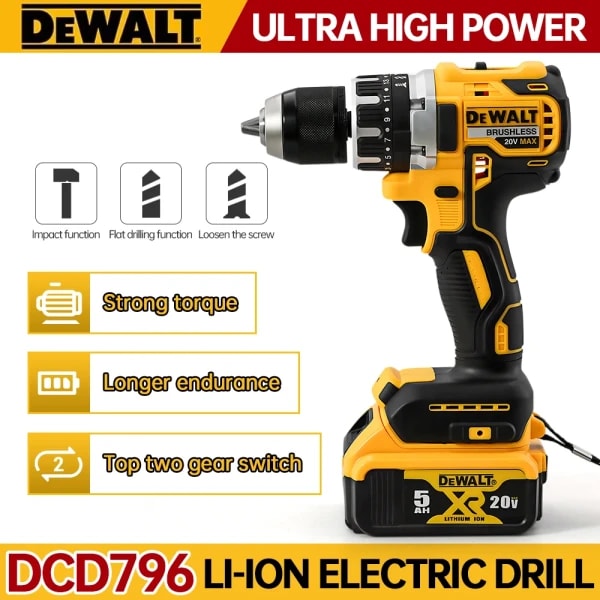 Dewalt DCD796 Taladro de impacto inalámbrico compacto sin escobillas Luz LED Potente herramienta eléctrica multifuncional Batería de 20 V