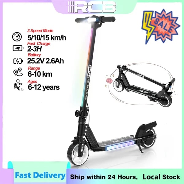 Patinete eléctrico RCB R12 para niños de 6 a 12 años, luces arcoíris, scooter eléctrico plegable de 6,5", pantalla LED, scooter eléctrico liviano