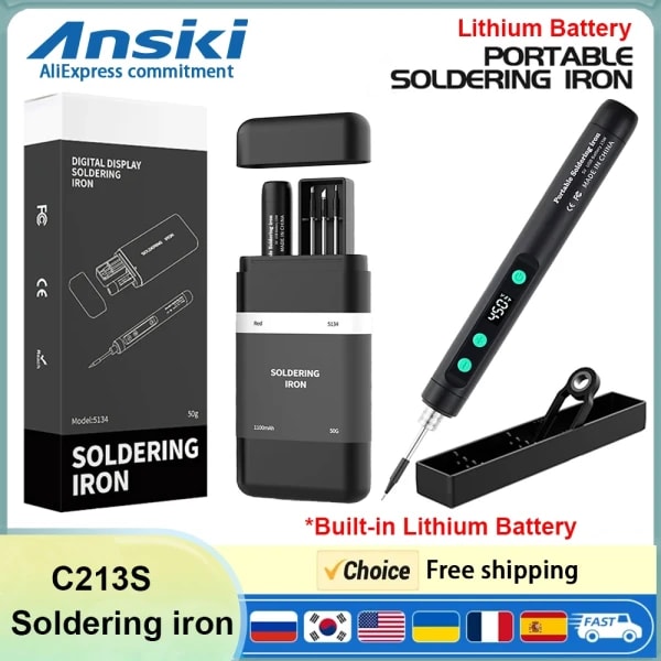 ANSIKI C213S Soldador inalámbrico con batería incorporada 180-450 °   temperatura ajustable con kit de herramientas de reparación de soldadura portátil de 3 puntas