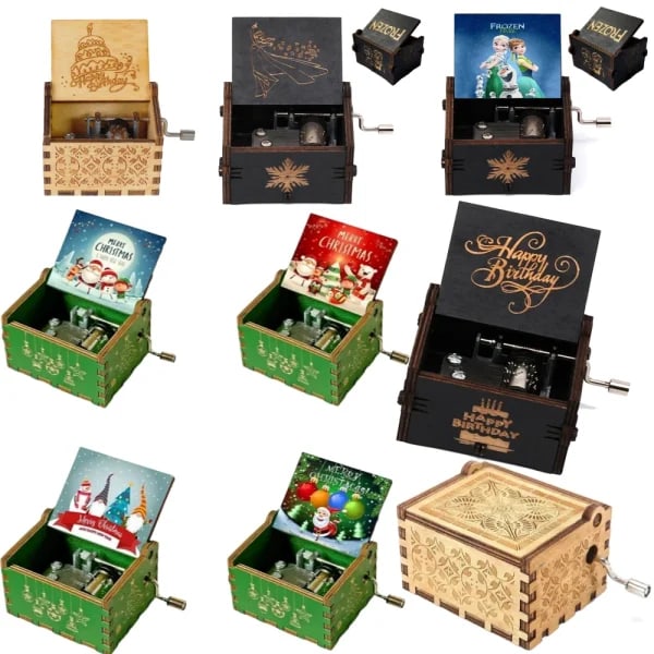 Caja de música de madera con manivela, decoración de muebles de cumpleaños de Feliz Papá Noel congelado, regalo de Navidad del Día de San Valentín
