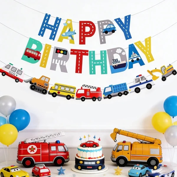 Guirnalda de Vehículos de Construcción para Niños, Decoración para Fiestas de Cumpleaños, Artículos para Baby Shower, Banner de Feliz Cumpleaños con Dibujos Animados de Autos