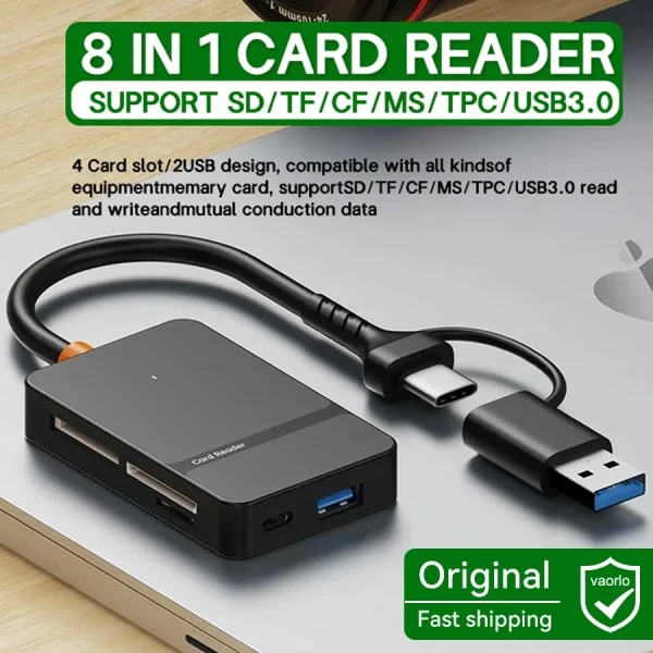Lector de tarjetas USB 8 en 1, lector de tarjetas 3,0 SD Micro SD TF CF MS U, adaptador de tarjeta Flash compacto para ordenador portátil, lector de tarjetas inteligentes