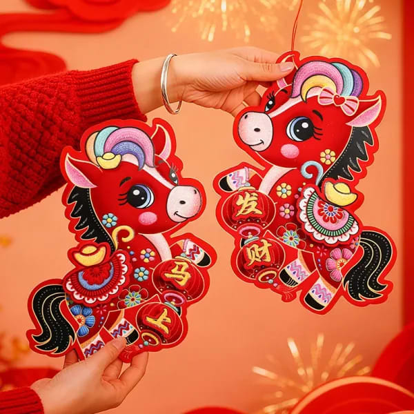 【Paz】2 uds 2026 Año del caballo decoración de puerta de Año Nuevo Chino recorte de papel 3D caracteres chinos decoración festiva del acento del hogar