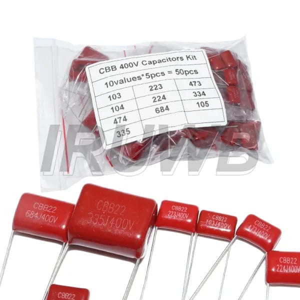 50 Uds 400V 10NF-3.3UF 10 valores Kit de condensadores de película de poliéster metalizado DIY Kit surtido de condensadores CBB