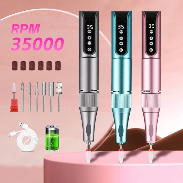 Taladro de uñas inalámbrico de 35000RPM, lápiz de pulido de uñas USB, máquina perforadora de uñas recargable, taladro de manicura portátil para salón y hogar