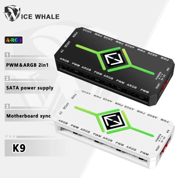ICE Whale K9 1 a 9 PWM y ARGB ventilador con cubierta Hub SATA interfaz de alimentación divisor 4 pines PWM 3 pines direccionable ARGB con control remoto