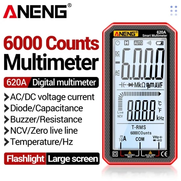ANENG 620A multímetro Digital inteligente de 6000 recuentos medidor de voltaje CA/CC medidor de capacitancia eléctrica temperatura Ohm herramientas de prueba de corriente