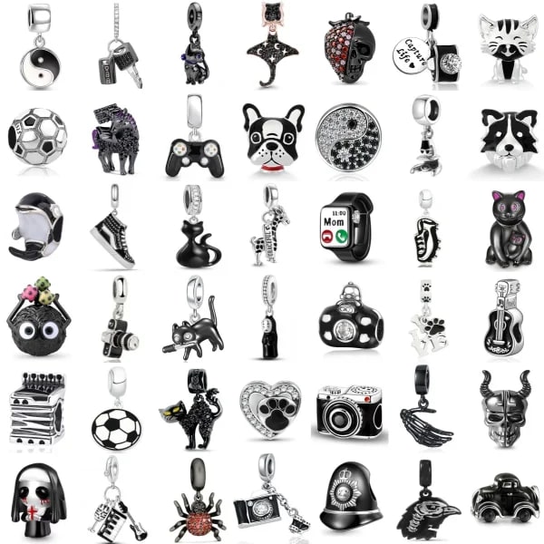 Nuevo abalorio de plata 925 de Color negro, gato de fútbol, cámara Taiji, loro, colgante de guitarra, cuenta colgante compatible con Pulsera Original, regalo de joyería