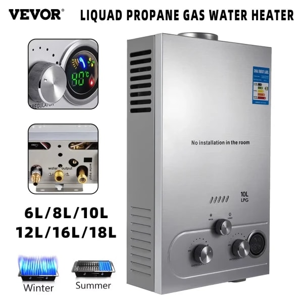 VEVOR-calentador de agua caliente de propano, GLP, Gas de acero inoxidable, sin tanque, Gas propano, GLP, electrodoméstico, calentador de agua de 6L-18L